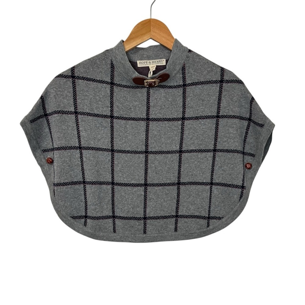 Hope & Henry Sweater Cape Plaid Windowpane Sz Sm Black Grey Organic Cotton Shawl